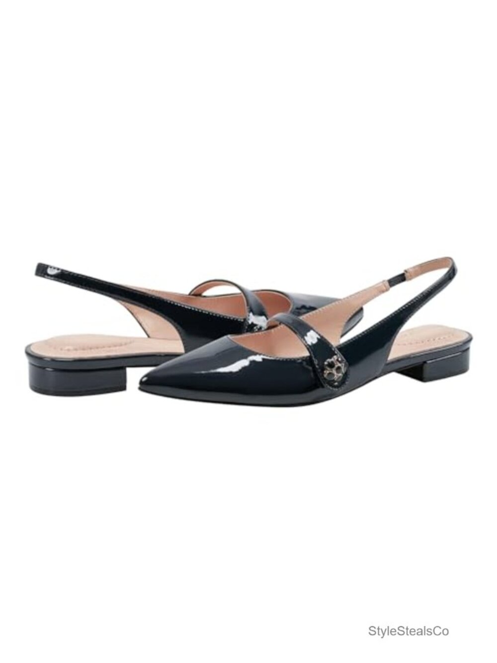Faux Patent Leather Pointed Toe Slingback Block Heel Flats